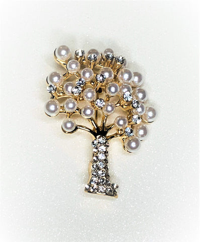 Gold-tone Crystal ad Pearl Tree Brooche